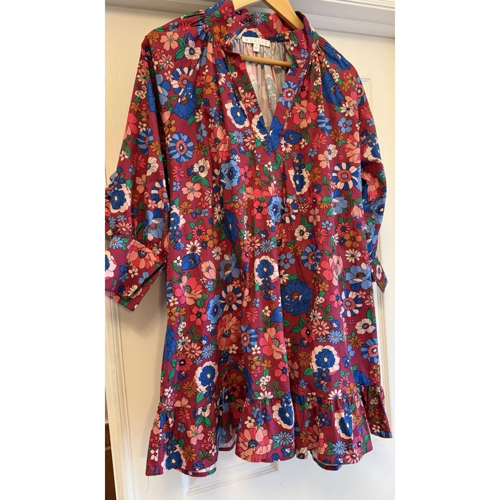 Karlie Floral Mini Dress Womens Small Red Blue Ruffle V-Neck 3/4 Sleeve Shift